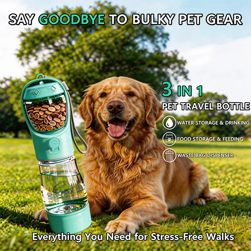 3 in 1 Pet Water Bottle 20 Oz - Leak Proof Portable Dog Water Container with Poop Bag Dispenser for Travel, Hiking & Outdoor Activities Holder