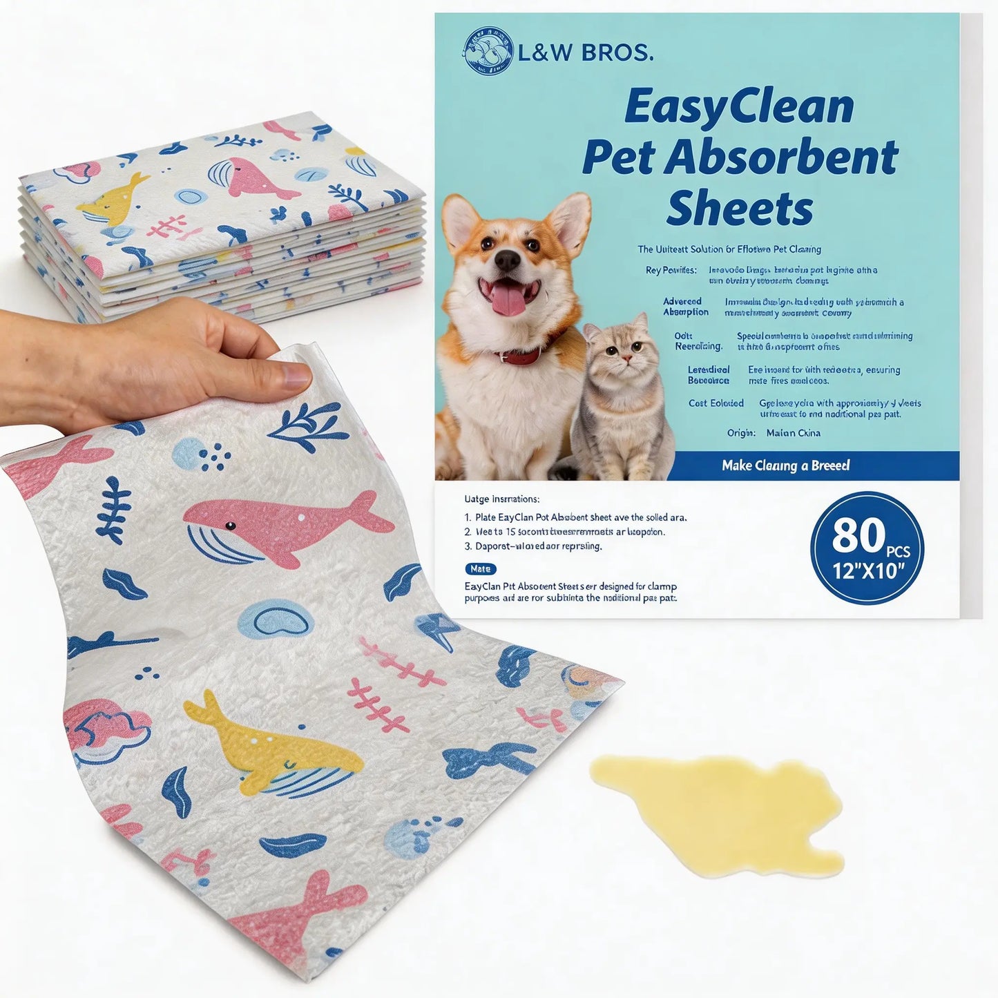 Pet Quick Absorbent Sheets, New Style Dog Pee Pad, 12"X10" for Urine and Pet Stain & Odor Remover
